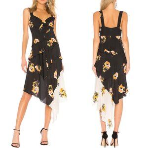 A.L.C. ‘Natalia’ Silk Midi Dress, Asymmetrical Floral Color-Block, Black, Size 4